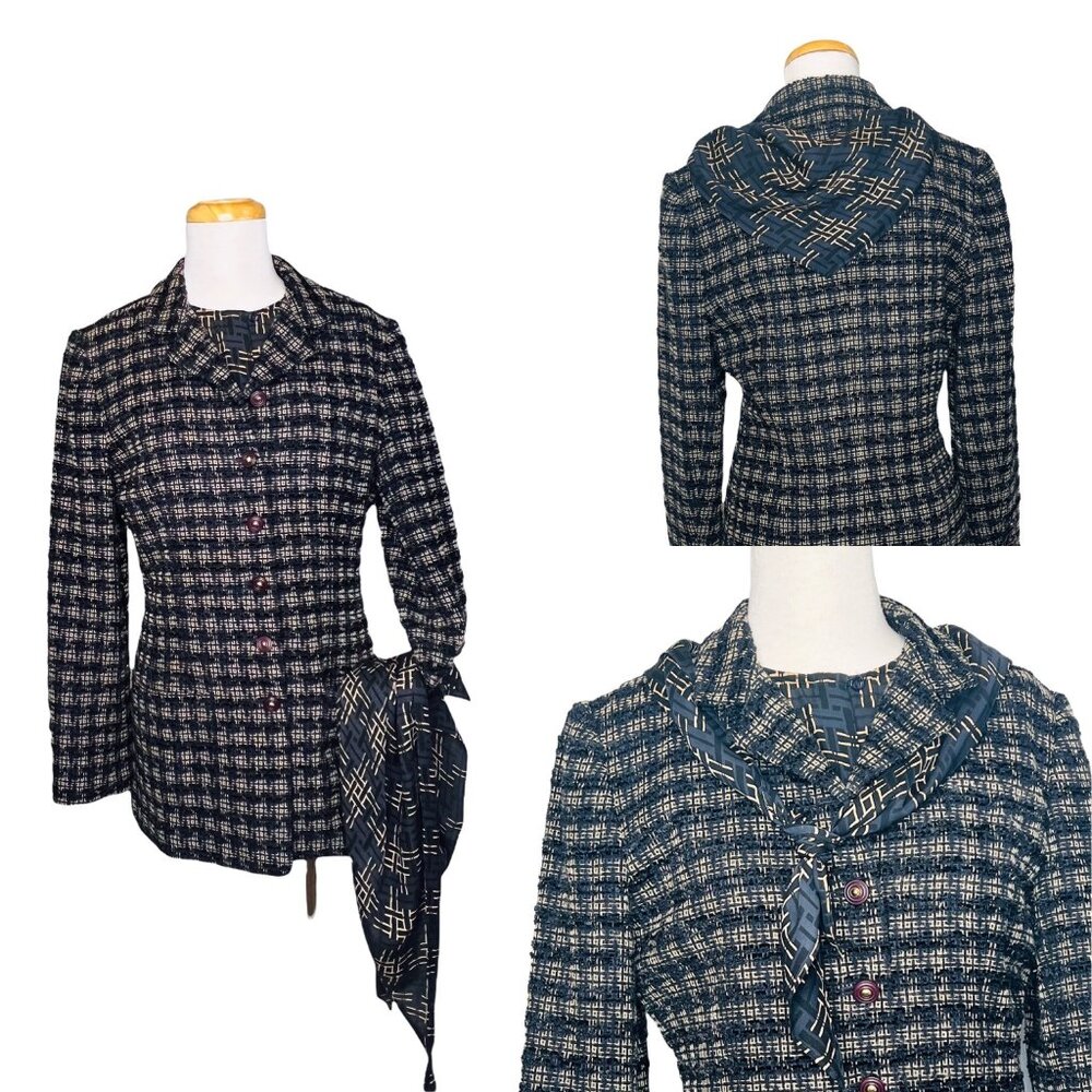 Vintage Carlisle Tweed Boucle Blazer Silk Blouse & Scarf 3 Pc Set Hong Kong Sz 6 - Picture 10 of 14